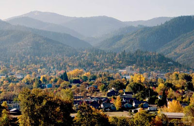 Ashland, Oregon and mountains beyond in the fall